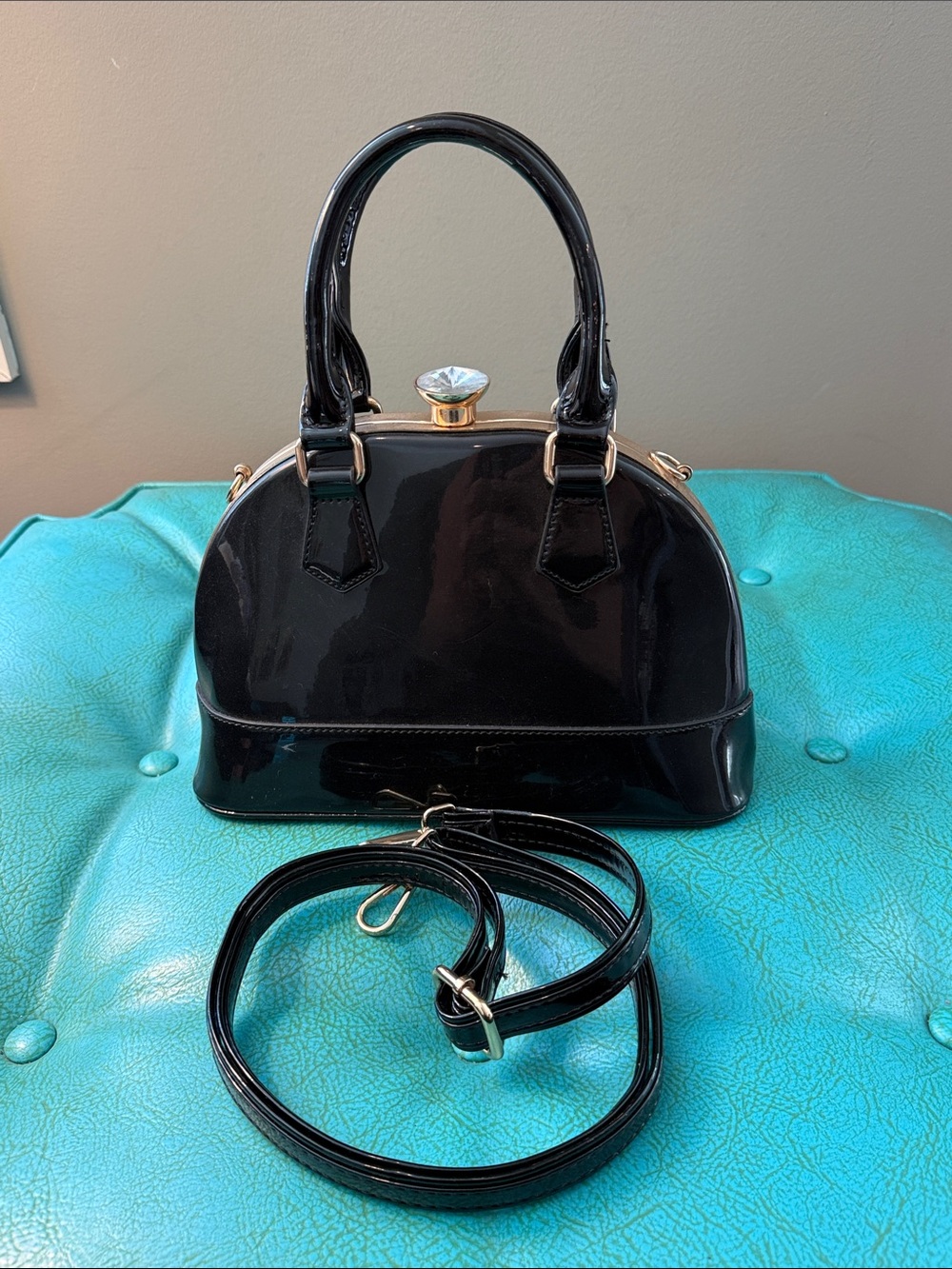 Black faux patent leather chic satchel handbag vintage inspired rhinestone clasp